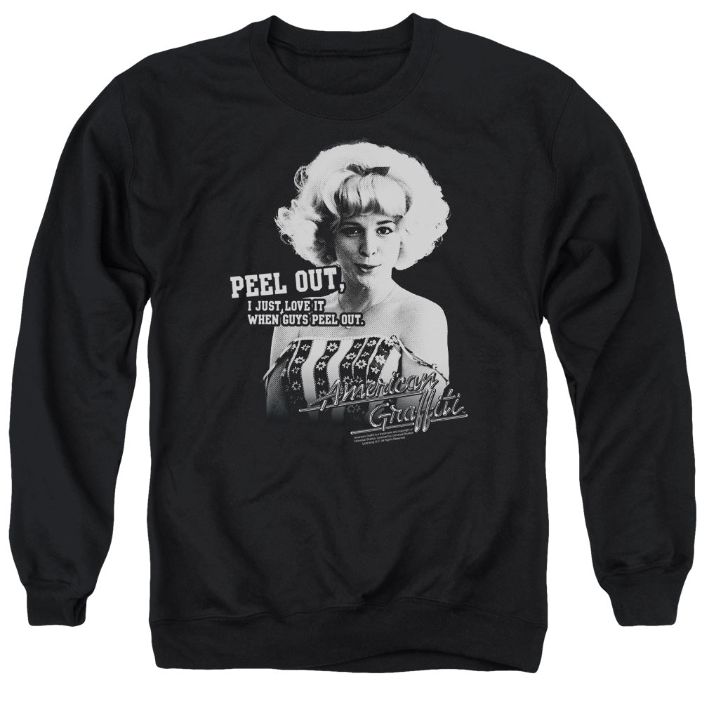 AN OFFCIALLY LICENSED AMERICAN GRAFFITI PEEL OUT ADULT UNISEX CREWNECK SWEATSHIRT BLACK