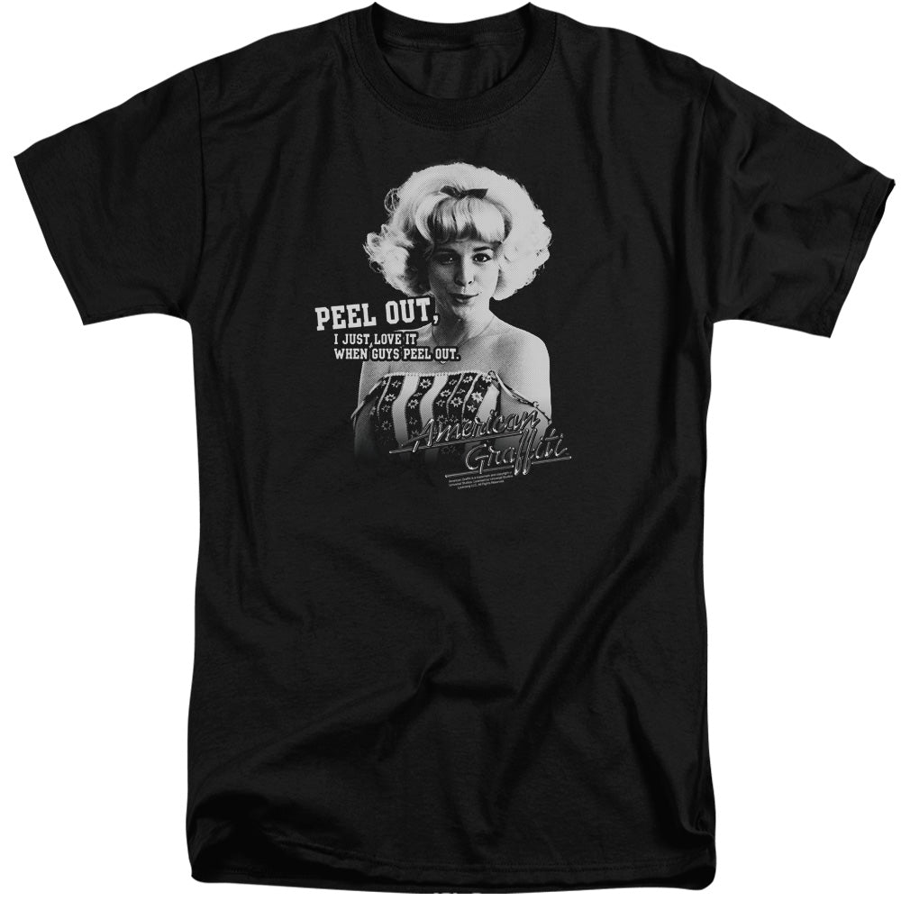 AN OFFCIALLY LICENSED AMERICAN GRAFFITI PEEL OUT MEN'S TALL FIT T-SHIRT BLACK