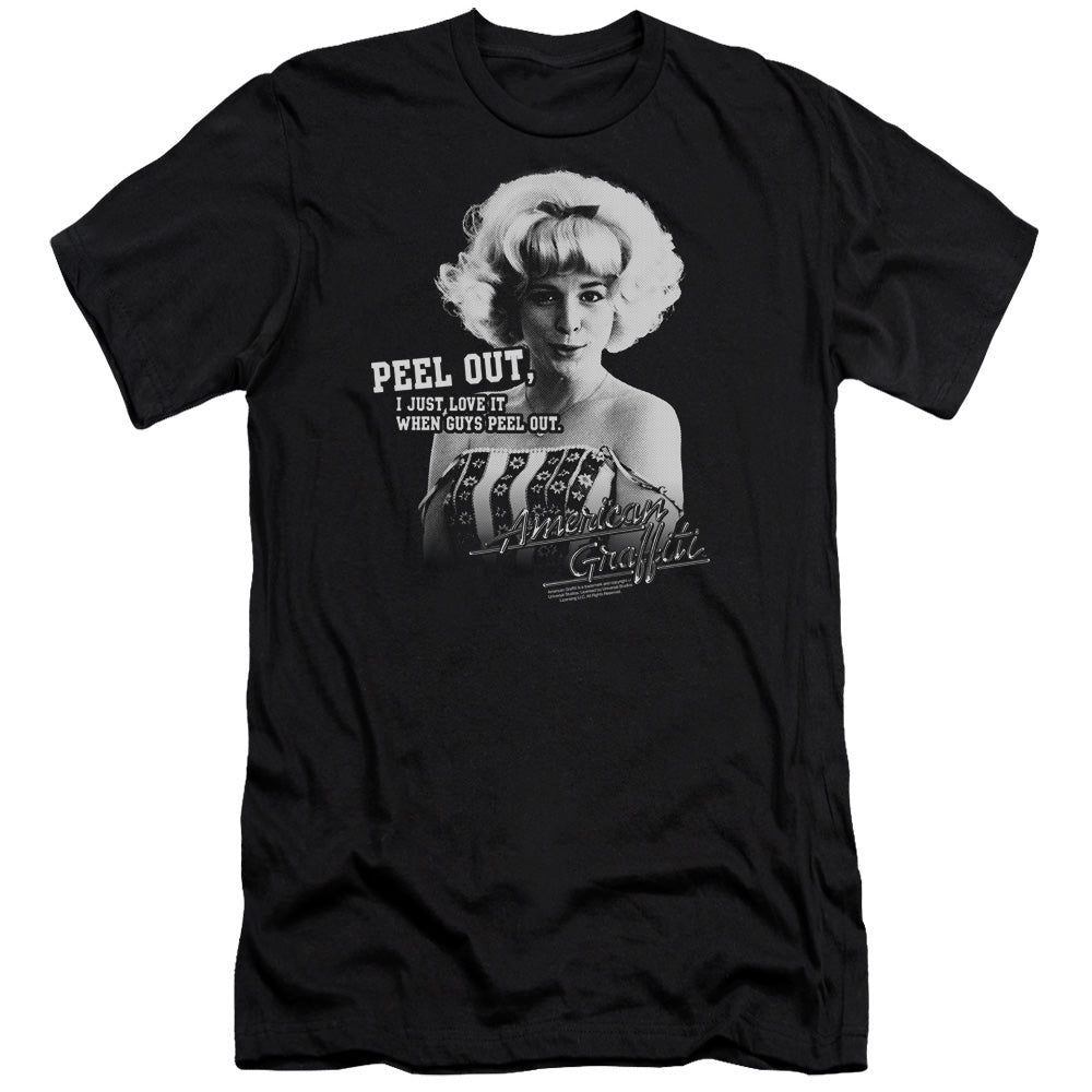 AN OFFCIALLY LICENSED AMERICAN GRAFFITI PEEL OUT MEN'S PREMIUM SLIM FIT T-SHIRT BLACK