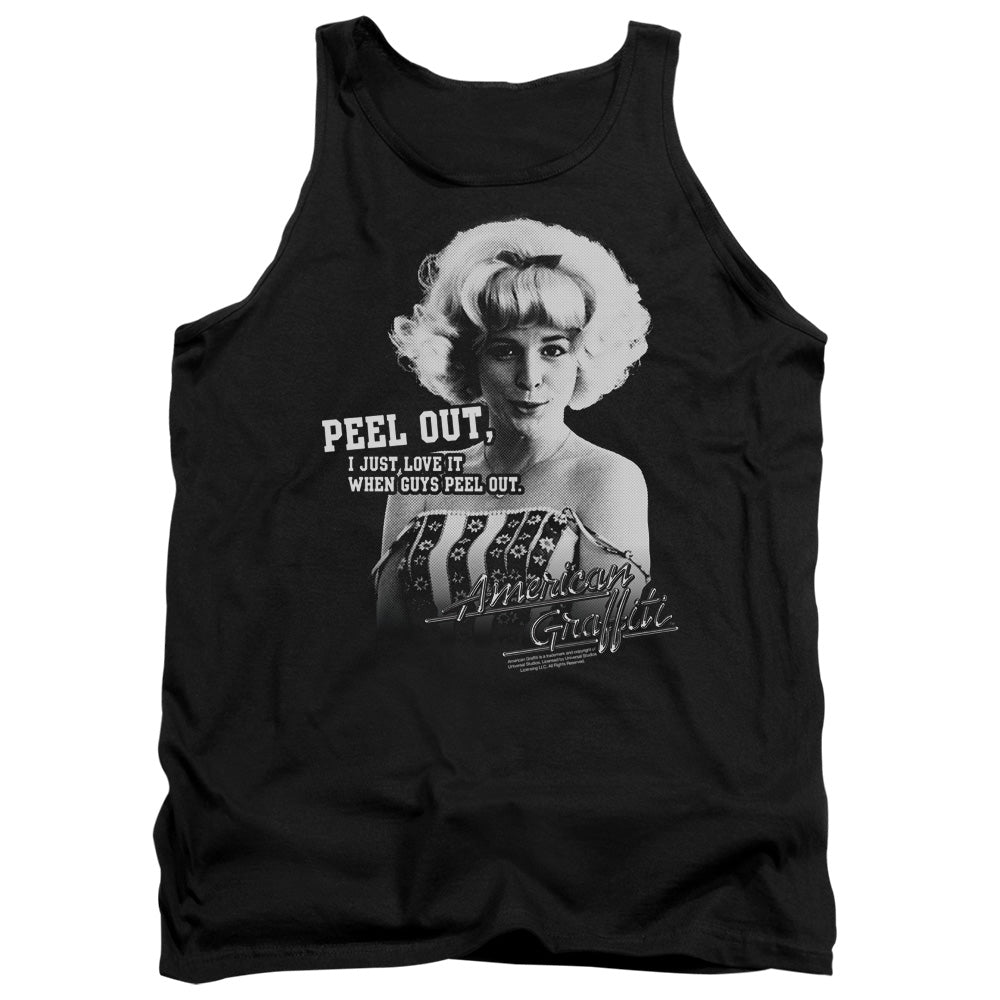 AN OFFCIALLY LICENSED AMERICAN GRAFFITI PEEL OUT ADULT UNISEX TANK TOP BLACK