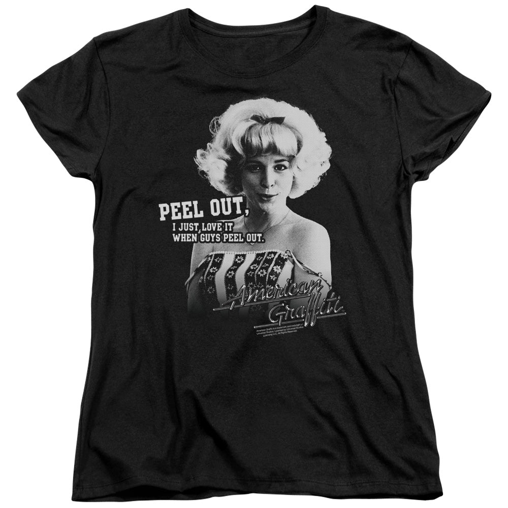 AN OFFCIALLY LICENSED AMERICAN GRAFFITI PEEL OUT WOMEN'S REGULAR FIT T-SHIRT BLACK