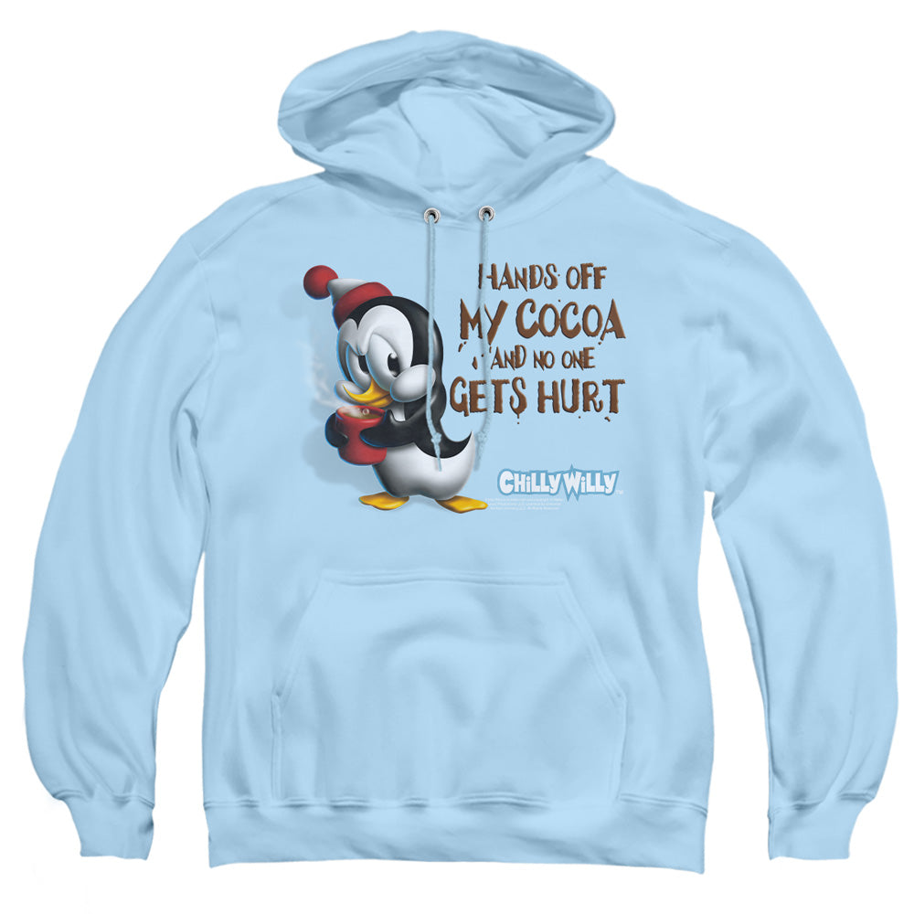 AN OFFCIALLY LICENSED CHILLY WILLY HANDS OFF ADULT UNISEX PULLOVER HOODIE LIGHT BLUE