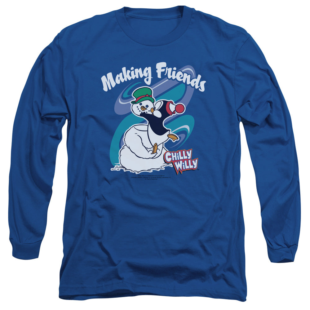 AN OFFCIALLY LICENSED CHILLY WILLY MAKING FRIENDS MEN'S LONG SLEEVE T-SHIRT ROYAL