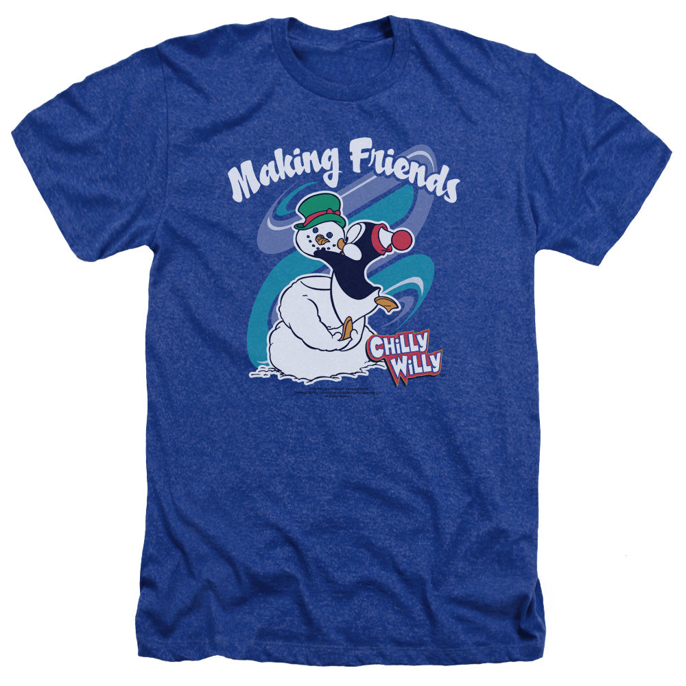 AN OFFCIALLY LICENSED CHILLY WILLY MAKING FRIENDS MEN'S HEATHER T-SHIRT ROYAL