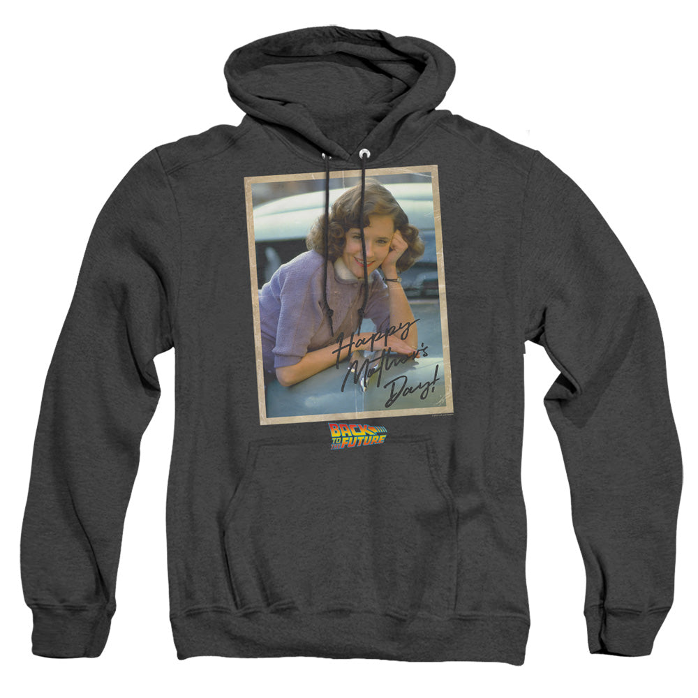 AN OFFCIALLY LICENSED BACK TO THE FUTURE BTTF MOTHERS DAY ADULT UNISEX HEATHER PULLOVER HOODIE BLACK