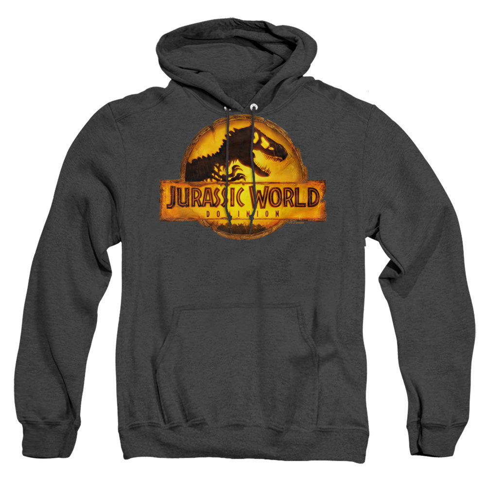 AN OFFCIALLY LICENSED JURASSIC WORLD RENDERED LOGO ADULT UNISEX HEATHER PULLOVER HOODIE BLACK