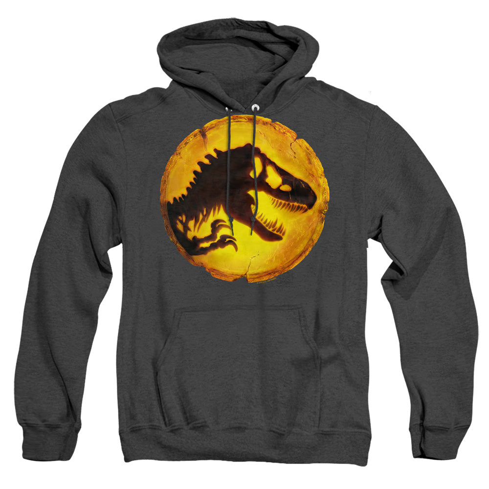 AN OFFCIALLY LICENSED JURASSIC WORLD DOMINION ICON ADULT UNISEX HEATHER PULLOVER HOODIE BLACK