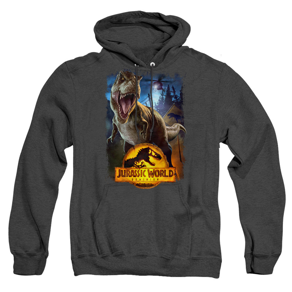AN OFFCIALLY LICENSED JURASSIC WORLD NO MORE FENCES ADULT UNISEX HEATHER PULLOVER HOODIE BLACK