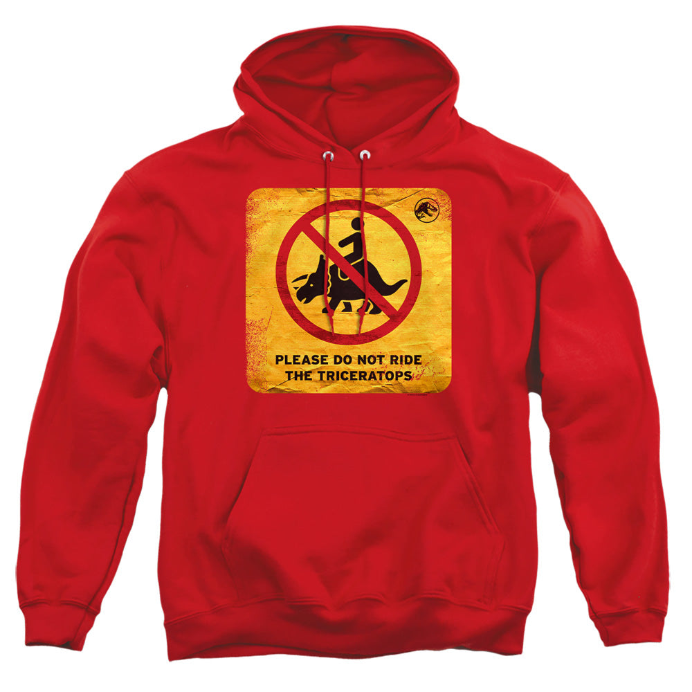 AN OFFCIALLY LICENSED JURASSIC WORLD DON'T RIDE SIGN ADULT UNISEX PULLOVER HOODIE RED