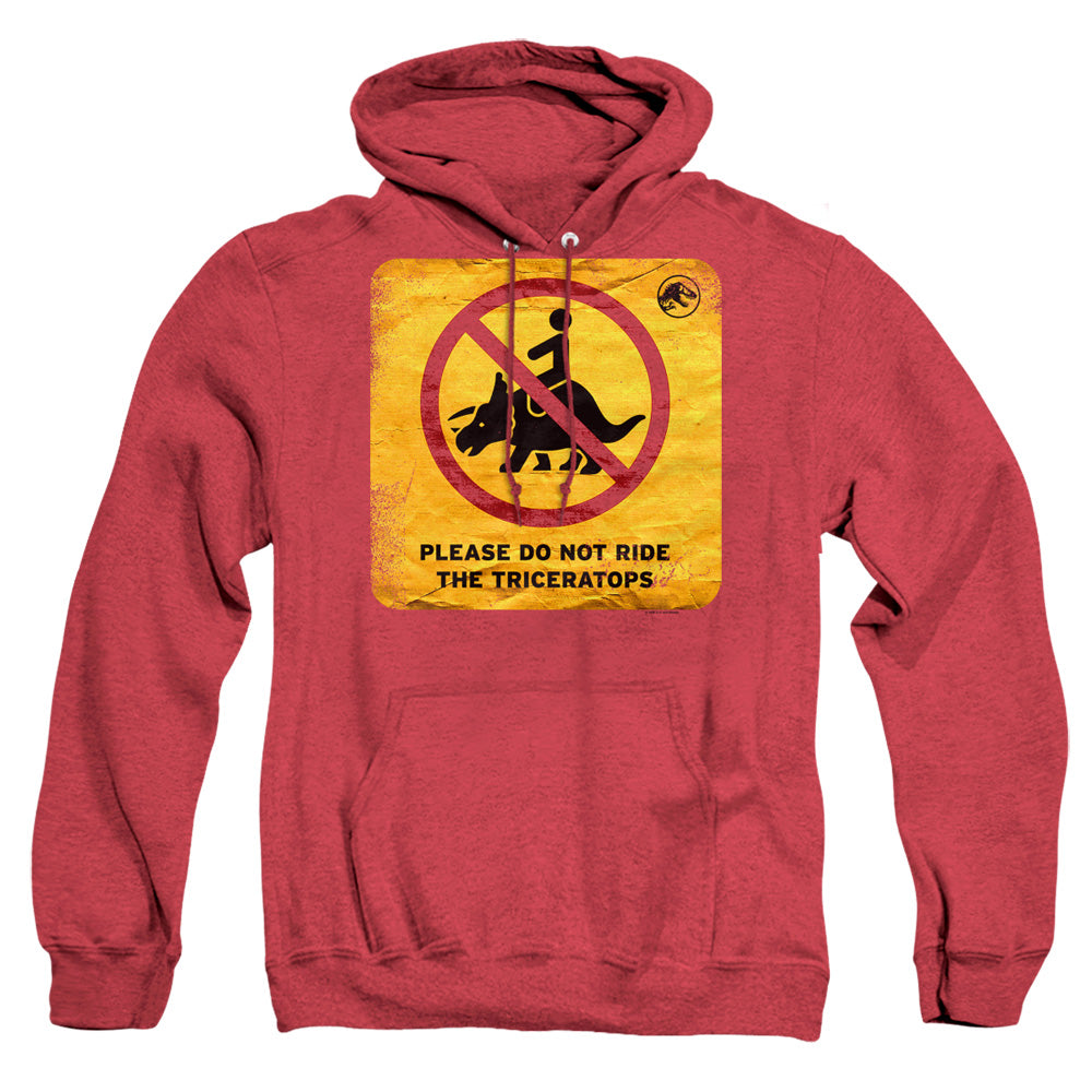 AN OFFCIALLY LICENSED JURASSIC WORLD DON'T RIDE SIGN ADULT UNISEX HEATHER PULLOVER HOODIE RED