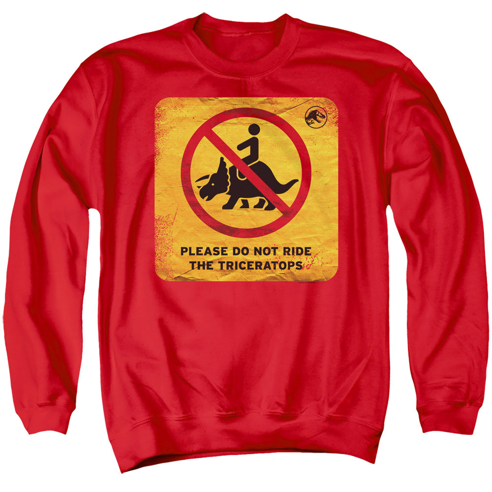 AN OFFCIALLY LICENSED JURASSIC WORLD DON'T RIDE SIGN ADULT UNISEX CREWNECK SWEATSHIRT RED