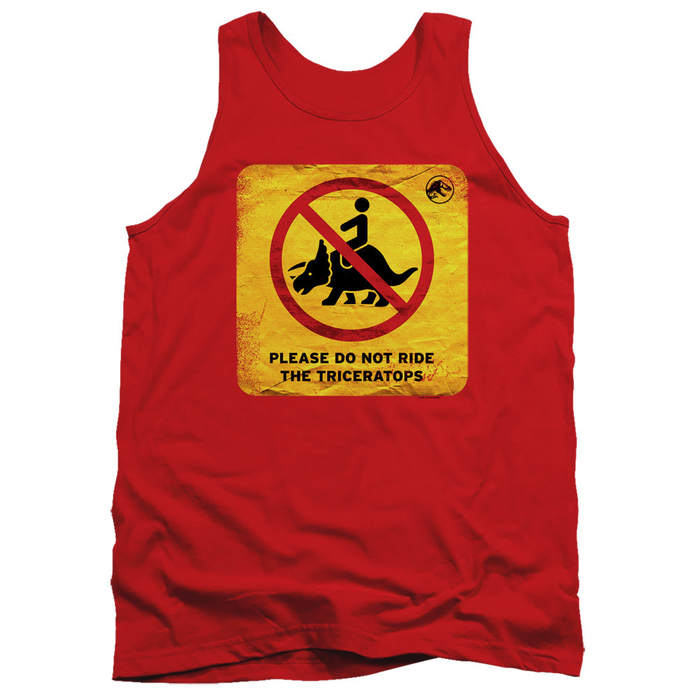 AN OFFCIALLY LICENSED JURASSIC WORLD DON'T RIDE SIGN ADULT UNISEX TANK TOP RED