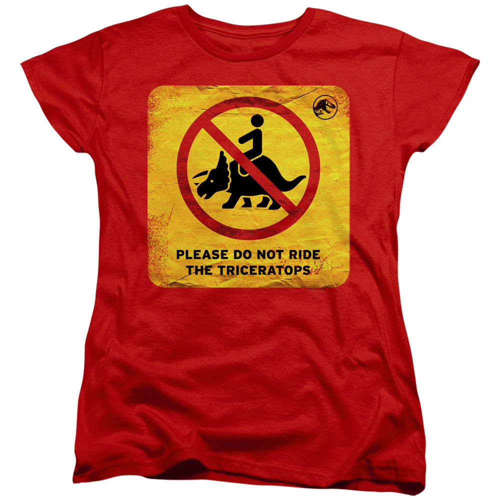AN OFFCIALLY LICENSED JURASSIC WORLD DON'T RIDE SIGN WOMEN'S REGULAR FIT T-SHIRT RED