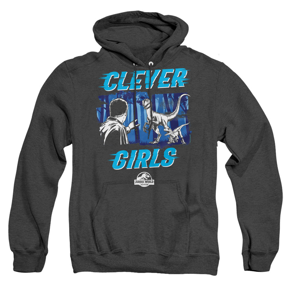 AN OFFCIALLY LICENSED JURASSIC WORLD DOMINIONS CLEVER GIRL ADULT UNISEX HEATHER PULLOVER HOODIE BLACK