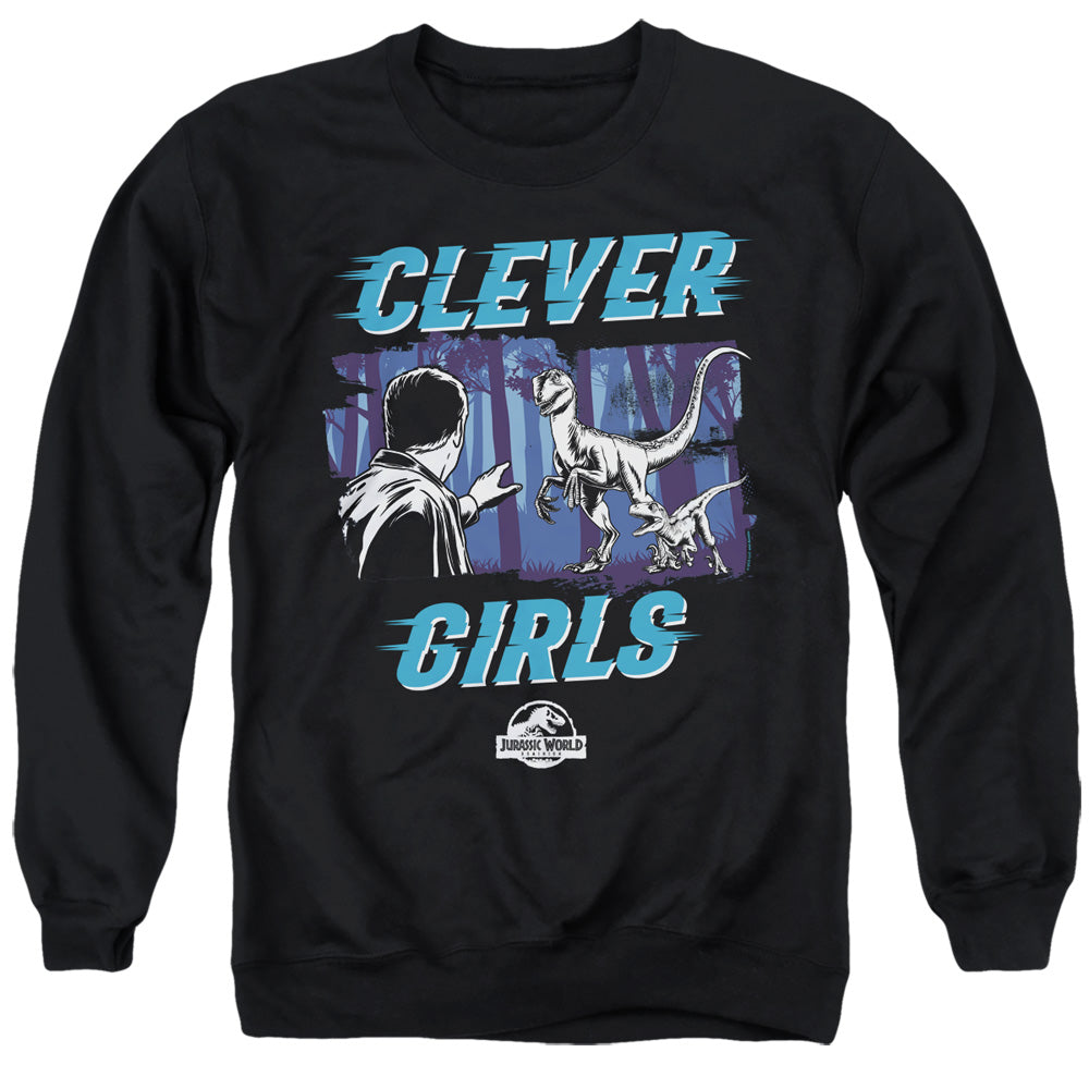 AN OFFCIALLY LICENSED JURASSIC WORLD DOMINIONS CLEVER GIRL ADULT UNISEX CREWNECK SWEATSHIRT BLACK