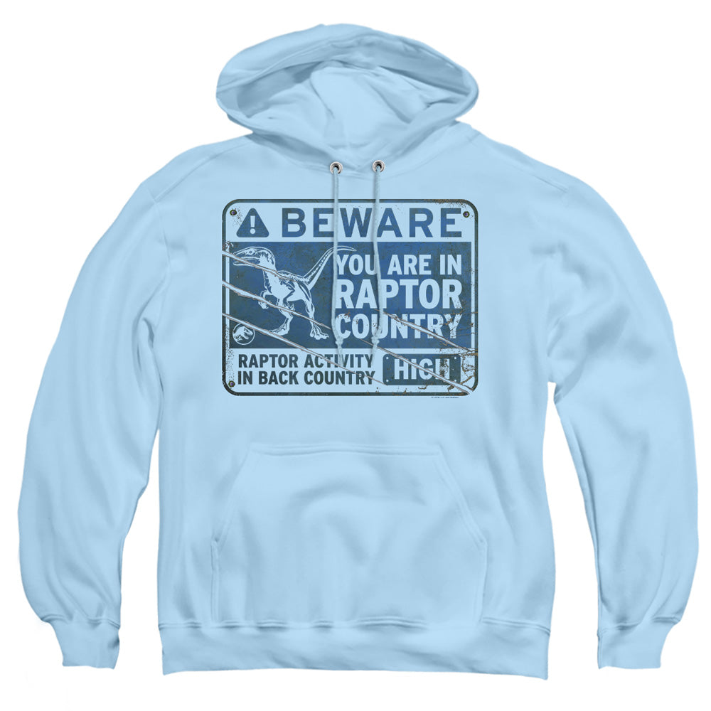 AN OFFCIALLY LICENSED JURASSIC WORLD RAPTOR SIGN ADULT UNISEX PULLOVER HOODIE LIGHT BLUE