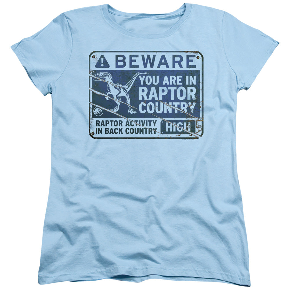 AN OFFCIALLY LICENSED JURASSIC WORLD RAPTOR SIGN WOMEN'S REGULAR FIT T-SHIRT LIGHT BLUE