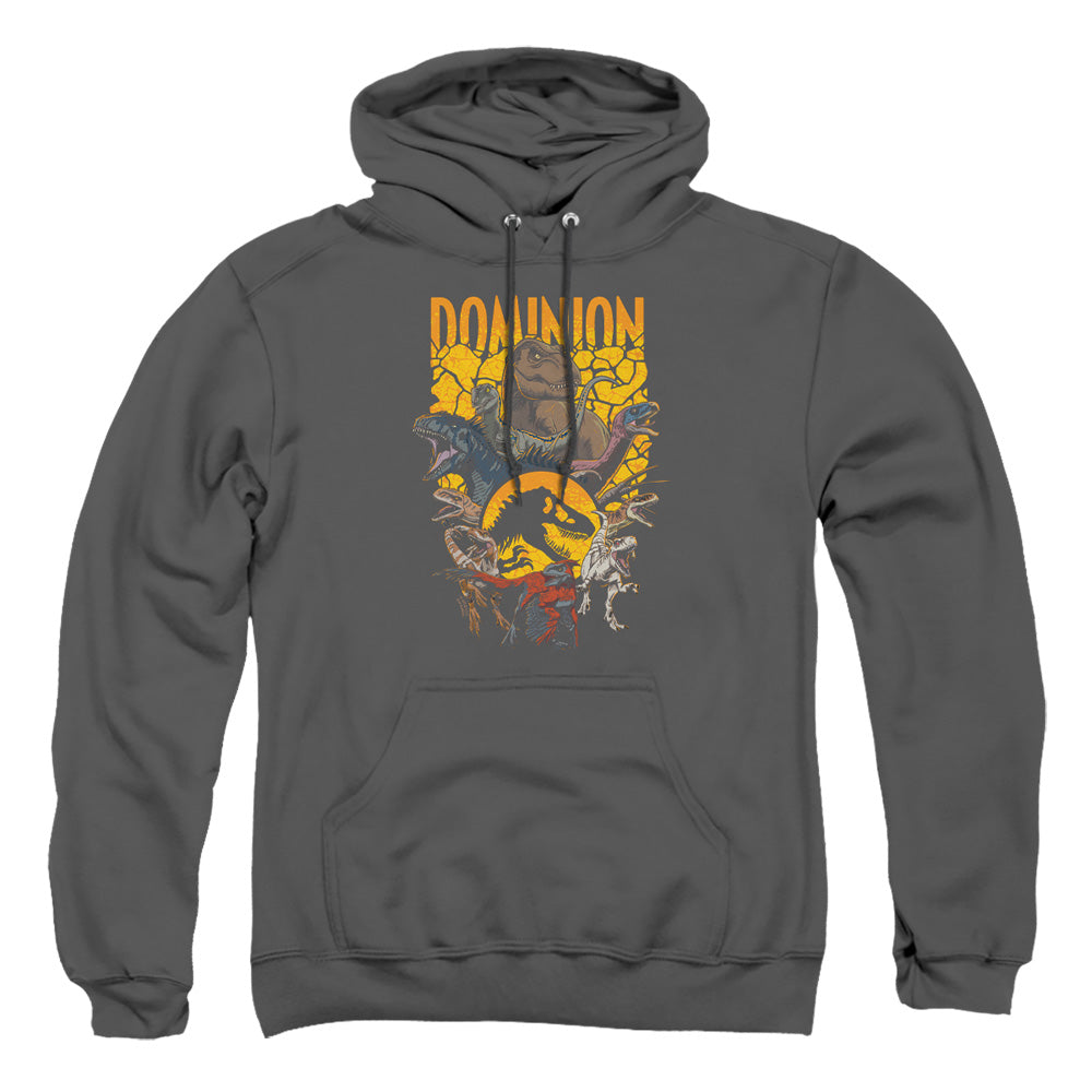 AN OFFCIALLY LICENSED JURASSIC WORLD DOMINION PACK ILLUSTRATED ADULT UNISEX PULLOVER HOODIE CHARCOAL