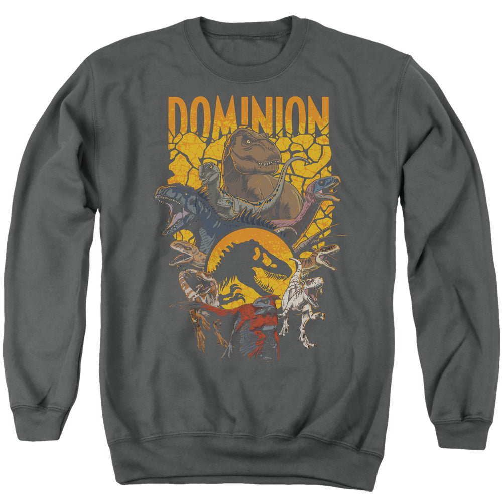 AN OFFCIALLY LICENSED JURASSIC WORLD DOMINION PACK ILLUSTRATED ADULT UNISEX CREWNECK SWEATSHIRT CHARCOAL