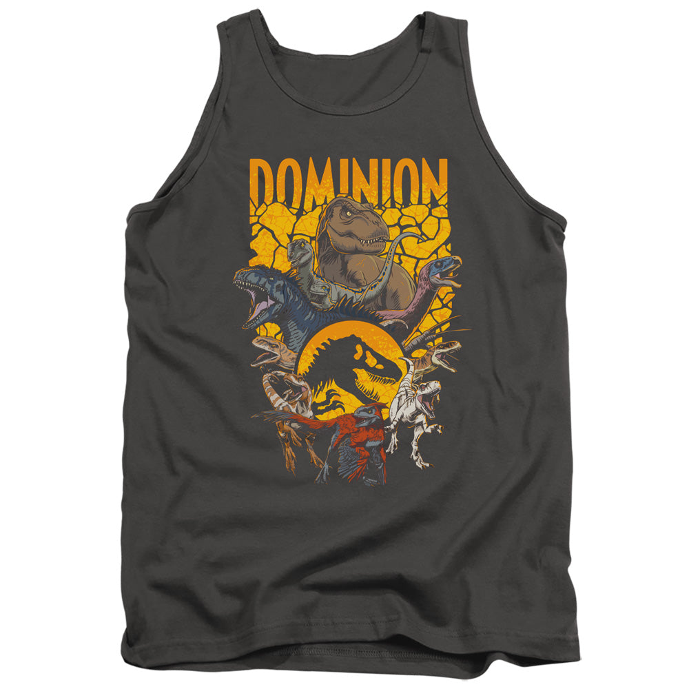 AN OFFCIALLY LICENSED JURASSIC WORLD DOMINION PACK ILLUSTRATED ADULT UNISEX TANK TOP CHARCOAL