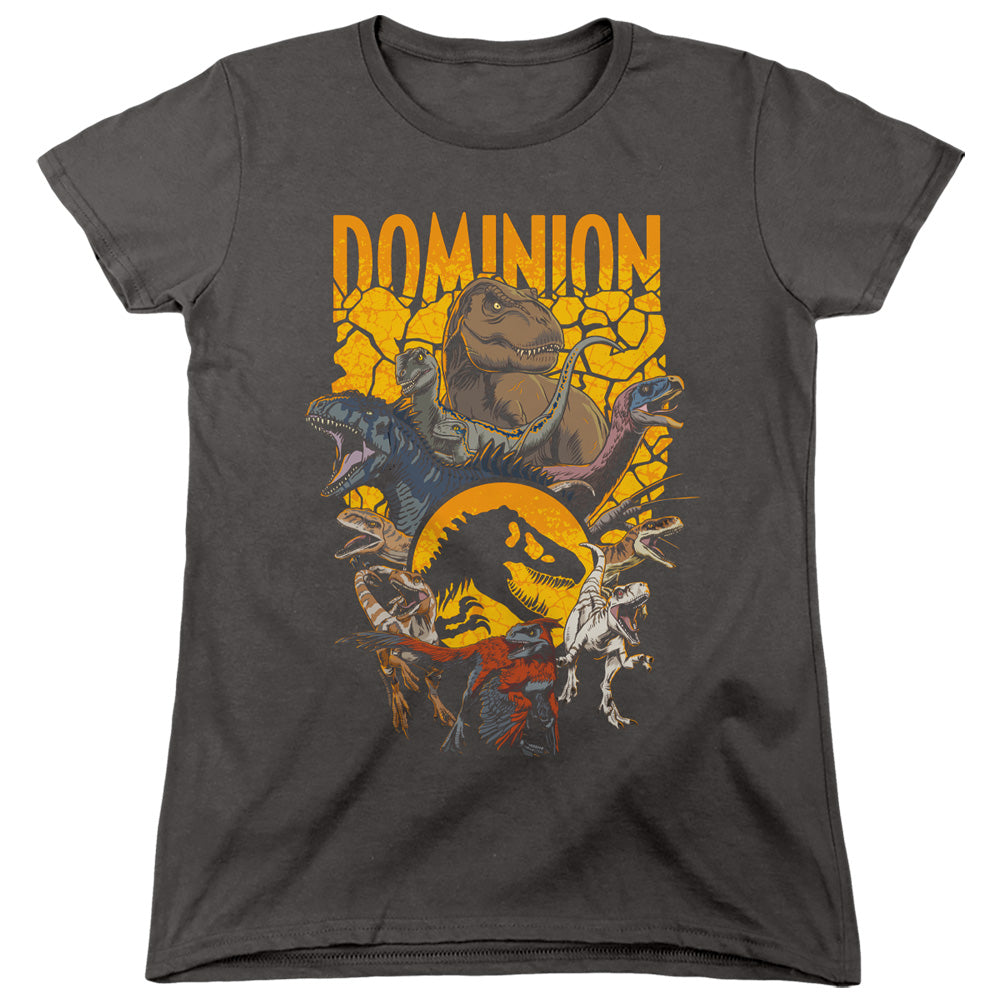 AN OFFCIALLY LICENSED JURASSIC WORLD DOMINION PACK ILLUSTRATED WOMEN'S REGULAR FIT T-SHIRT CHARCOAL