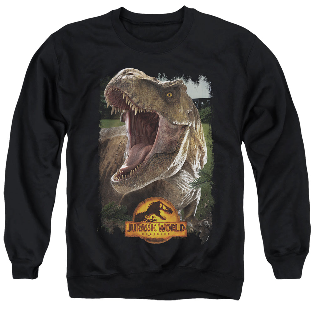 AN OFFCIALLY LICENSED JURASSIC WORLD REX BEAUTY SHOT ADULT UNISEX CREWNECK SWEATSHIRT BLACK