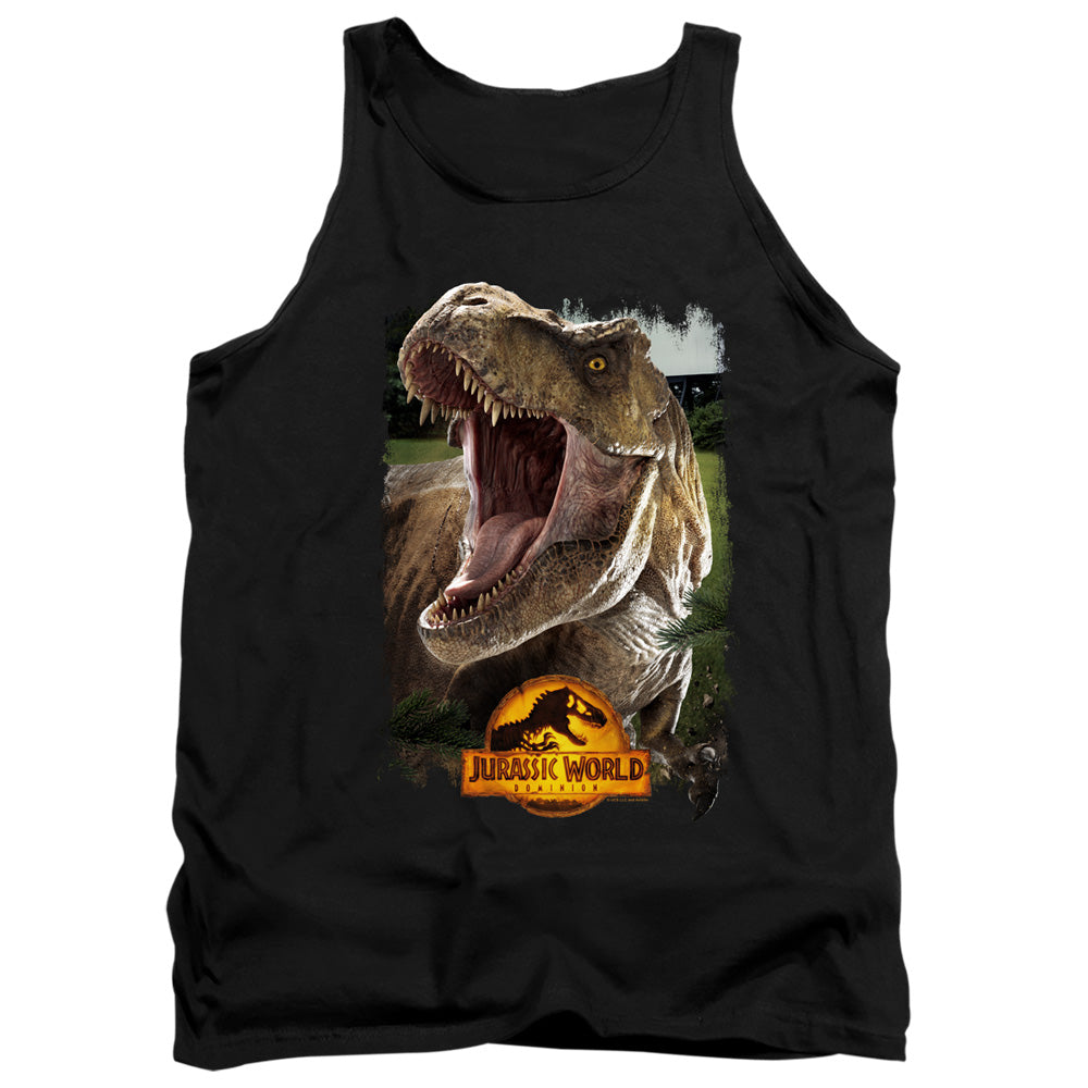 AN OFFCIALLY LICENSED JURASSIC WORLD REX BEAUTY SHOT ADULT UNISEX TANK TOP BLACK