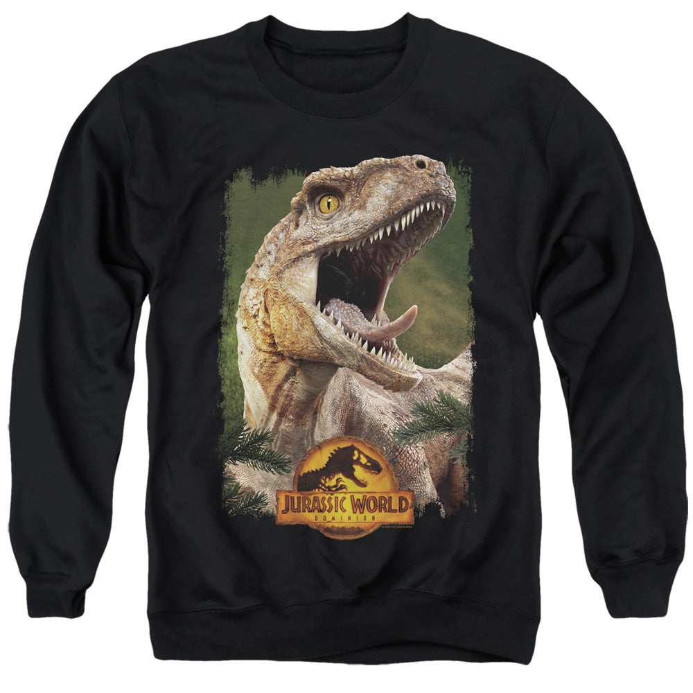 AN OFFCIALLY LICENSED JURASSIC WORLD RAPTOR BEAUTY SHOT ADULT UNISEX CREWNECK SWEATSHIRT BLACK