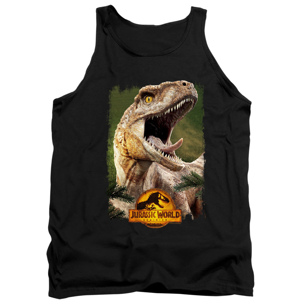 AN OFFCIALLY LICENSED JURASSIC WORLD RAPTOR BEAUTY SHOT ADULT UNISEX TANK TOP BLACK