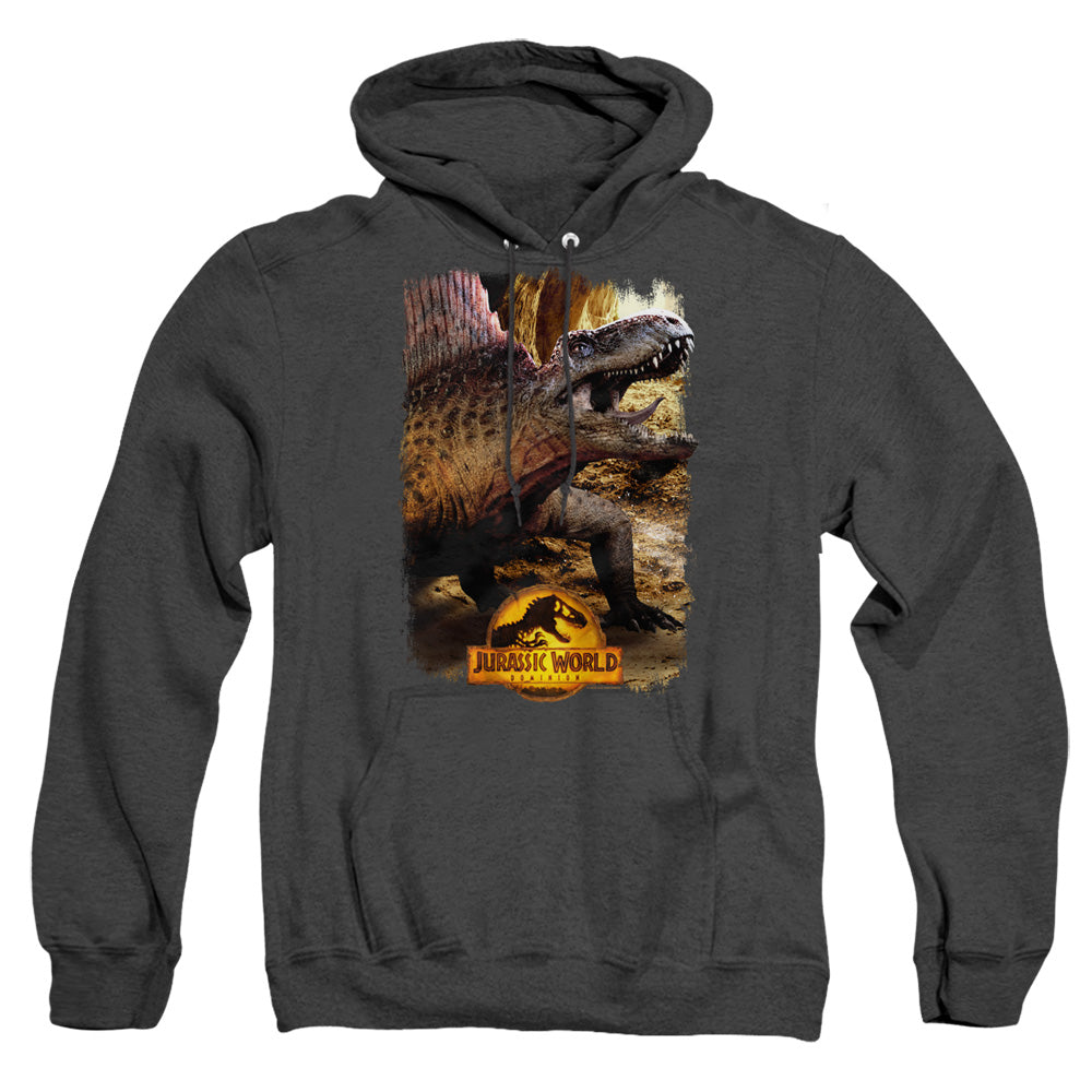 AN OFFCIALLY LICENSED JURASSIC WORLD DIMETRODON BEAUTY SHOT ADULT UNISEX HEATHER PULLOVER HOODIE BLACK