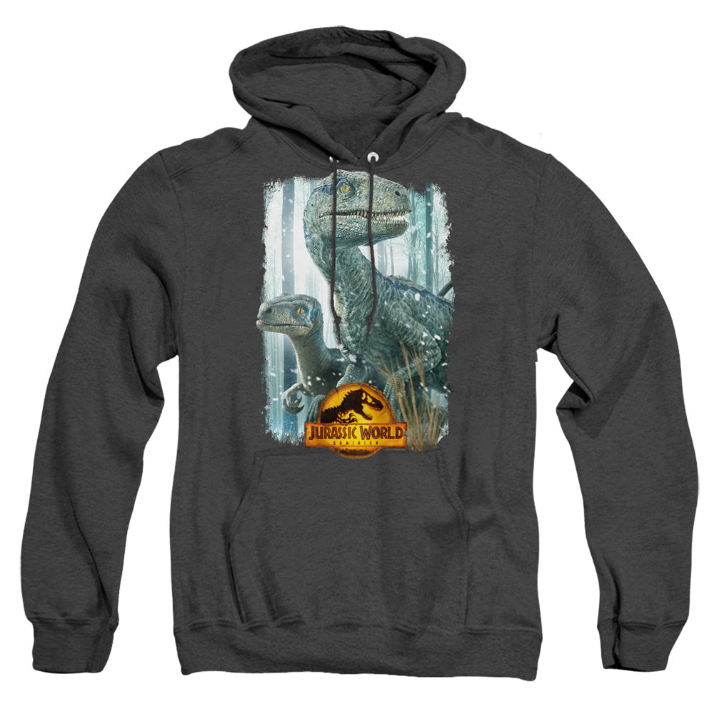 AN OFFCIALLY LICENSED JURASSIC WORLD BLUE BEAUTY SHOT ADULT UNISEX HEATHER PULLOVER HOODIE BLACK