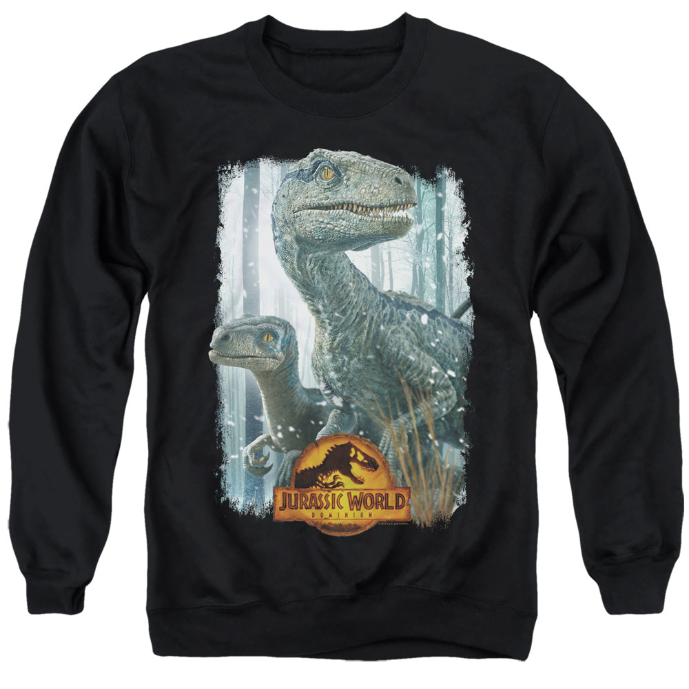 AN OFFCIALLY LICENSED JURASSIC WORLD BLUE BEAUTY SHOT ADULT UNISEX CREWNECK SWEATSHIRT BLACK