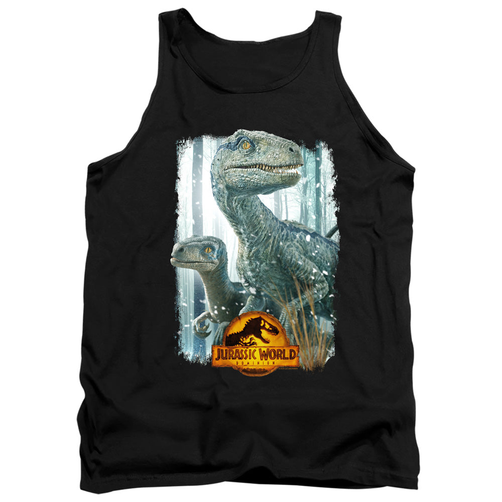 AN OFFCIALLY LICENSED JURASSIC WORLD BLUE BEAUTY SHOT ADULT UNISEX TANK TOP BLACK