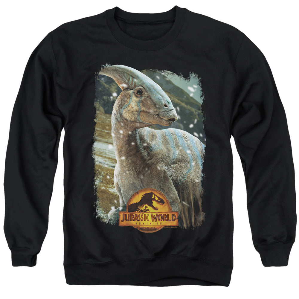 AN OFFCIALLY LICENSED JURASSIC WORLD PARASAUROLOPHUS BEAUTY SHOT ADULT UNISEX CREWNECK SWEATSHIRT BLACK