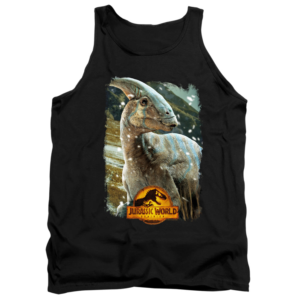 AN OFFCIALLY LICENSED JURASSIC WORLD PARASAUROLOPHUS BEAUTY SHOT ADULT UNISEX TANK TOP BLACK