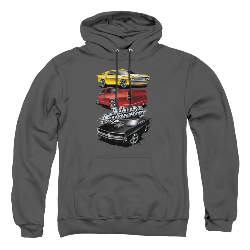 AN OFFCIALLY LICENSED FAST AND THE FURIOUS MUSCLE CAR SPLATTER ADULT UNISEX PULLOVER HOODIE CHARCOAL