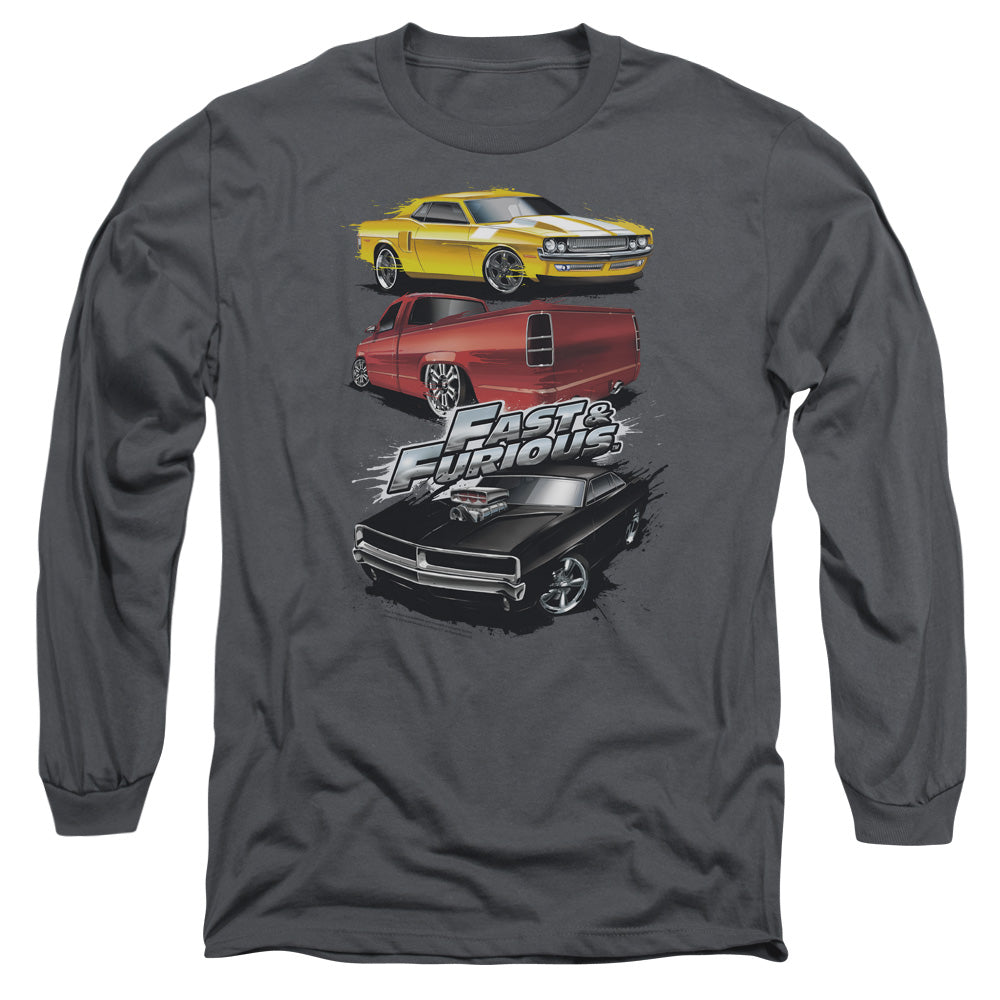 AN OFFCIALLY LICENSED FAST AND THE FURIOUS MUSCLE CAR SPLATTER MEN'S LONG SLEEVE T-SHIRT CHARCOAL