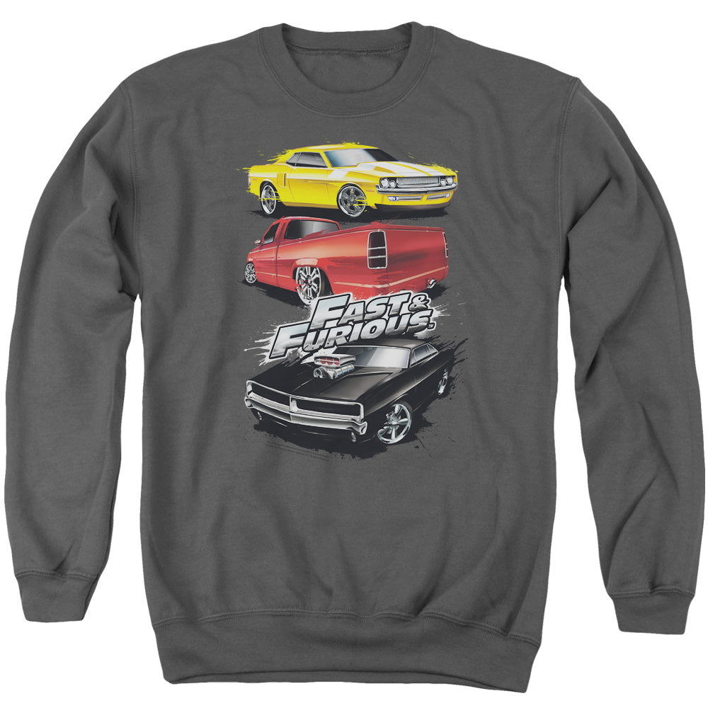 AN OFFCIALLY LICENSED FAST AND THE FURIOUS MUSCLE CAR SPLATTER ADULT UNISEX CREWNECK SWEATSHIRT CHARCOAL