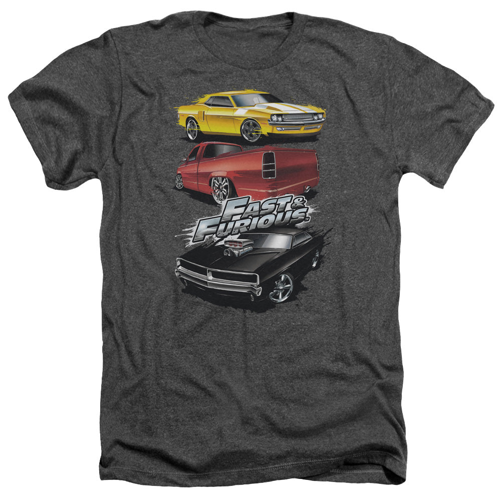 AN OFFCIALLY LICENSED FAST AND THE FURIOUS MUSCLE CAR SPLATTER MEN'S HEATHER T-SHIRT CHARCOAL
