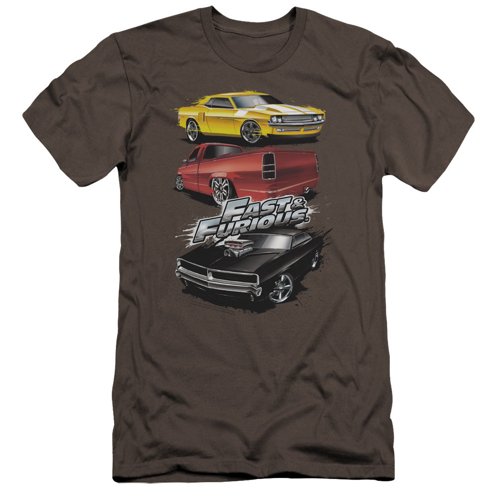 AN OFFCIALLY LICENSED FAST AND THE FURIOUS MUSCLE CAR SPLATTER MEN'S PREMIUM SLIM FIT T-SHIRT CHARCOAL
