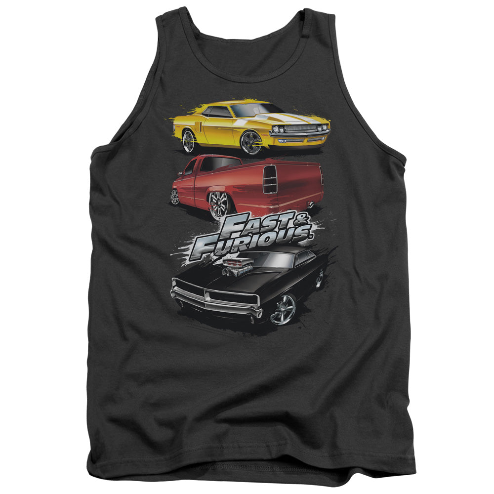 AN OFFCIALLY LICENSED FAST AND THE FURIOUS MUSCLE CAR SPLATTER ADULT UNISEX TANK TOP CHARCOAL