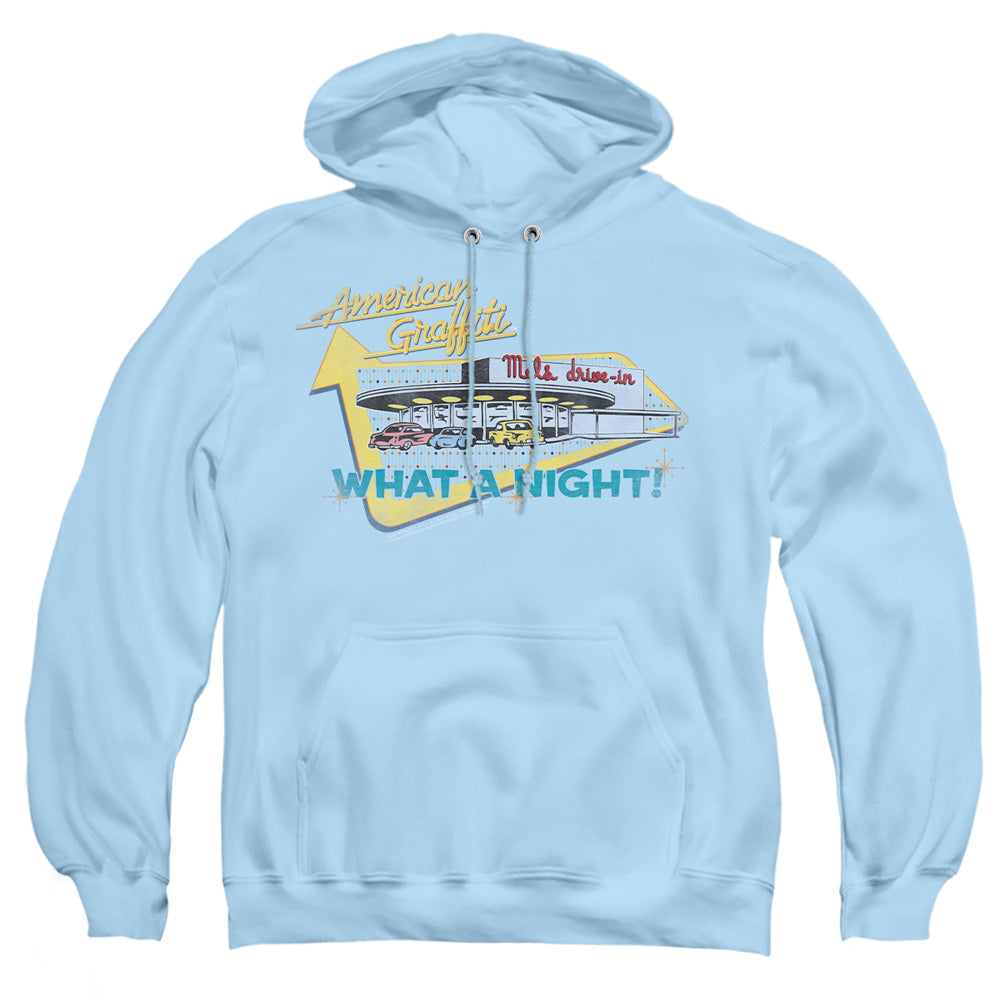 AN OFFCIALLY LICENSED AMERICAN GRAFFITI MELS DRIVE IN ADULT UNISEX PULLOVER HOODIE LIGHT BLUE