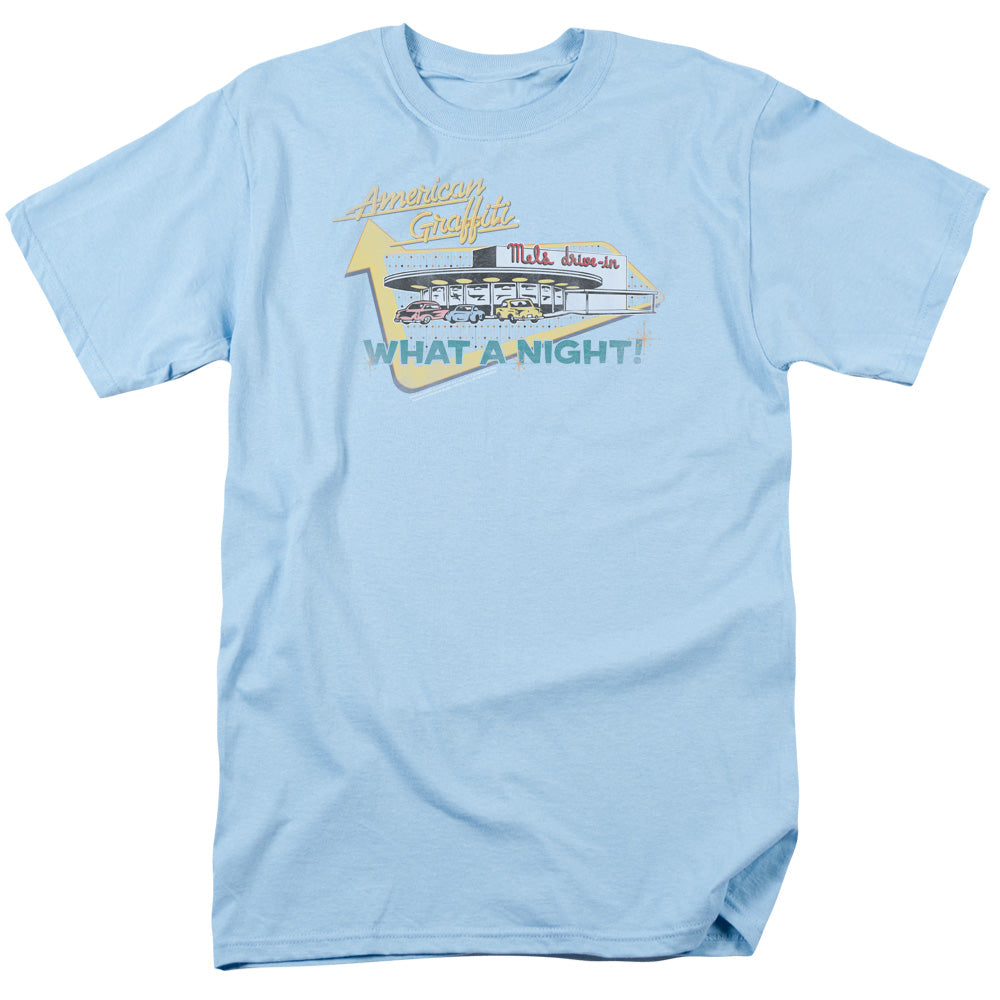 AN OFFCIALLY LICENSED AMERICAN GRAFFITI MELS DRIVE IN MEN'S REGULAR FIT T-SHIRT LIGHT BLUE