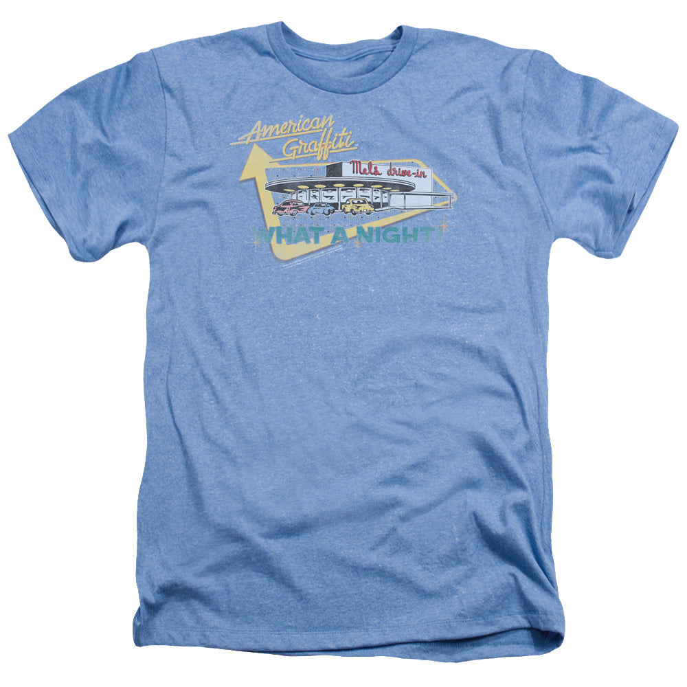 AN OFFCIALLY LICENSED AMERICAN GRAFFITI MELS DRIVE IN MEN'S HEATHER T-SHIRT LIGHT BLUE