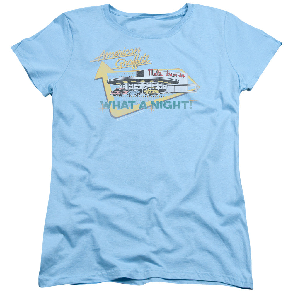 AN OFFCIALLY LICENSED AMERICAN GRAFFITI MELS DRIVE IN WOMEN'S REGULAR FIT T-SHIRT LIGHT BLUE