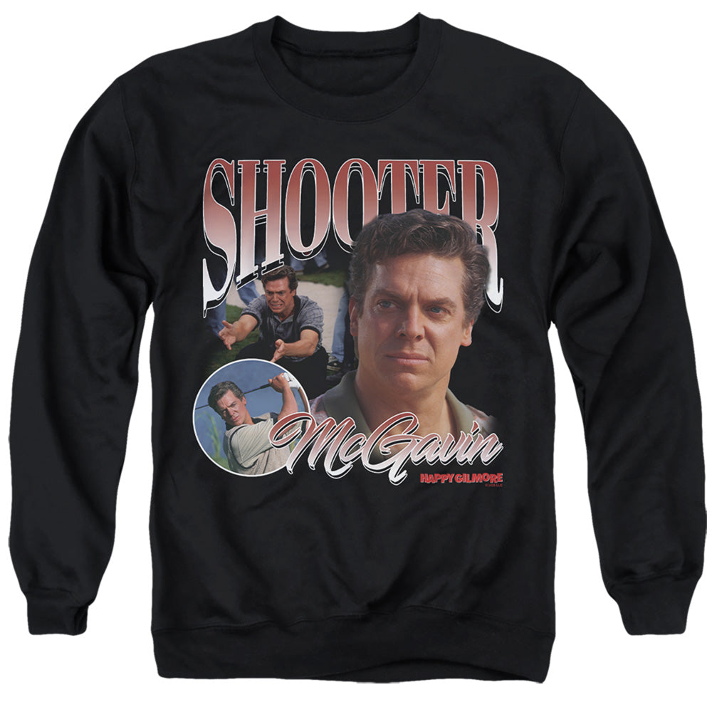 AN OFFCIALLY LICENSED HAPPY GILMORE SHOOTER TRIBUTE ADULT UNISEX CREWNECK SWEATSHIRT BLACK