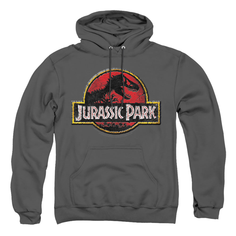 AN OFFCIALLY LICENSED JURASSIC PARK STONE LOGO ADULT UNISEX PULLOVER HOODIE CHARCOAL