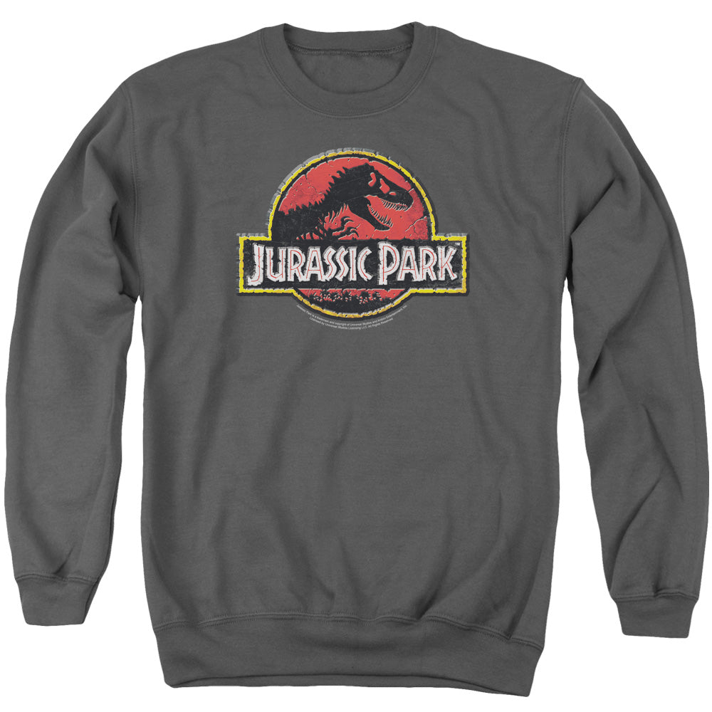 AN OFFCIALLY LICENSED JURASSIC PARK STONE LOGO ADULT UNISEX CREWNECK SWEATSHIRT CHARCOAL