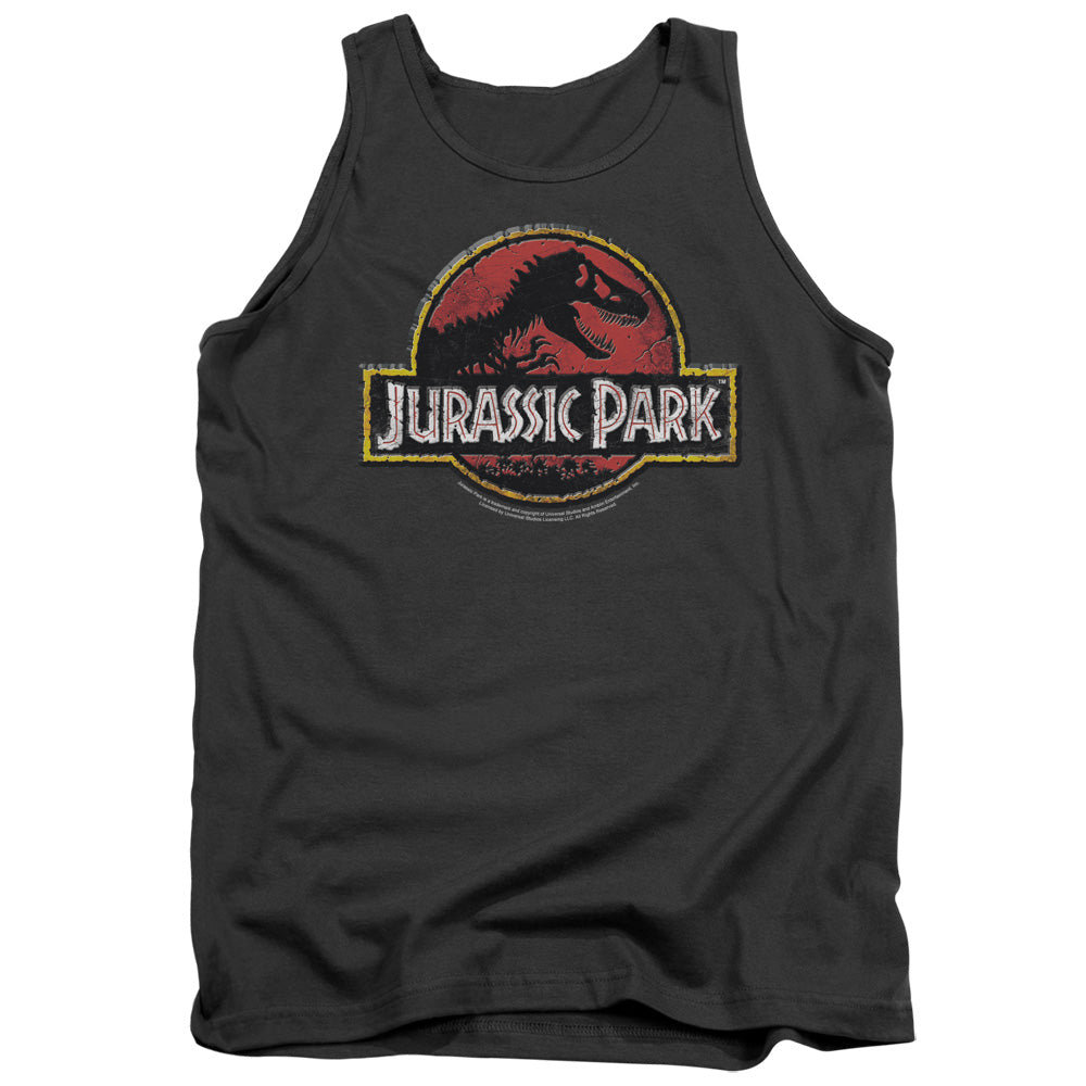 AN OFFCIALLY LICENSED JURASSIC PARK STONE LOGO ADULT UNISEX TANK TOP CHARCOAL