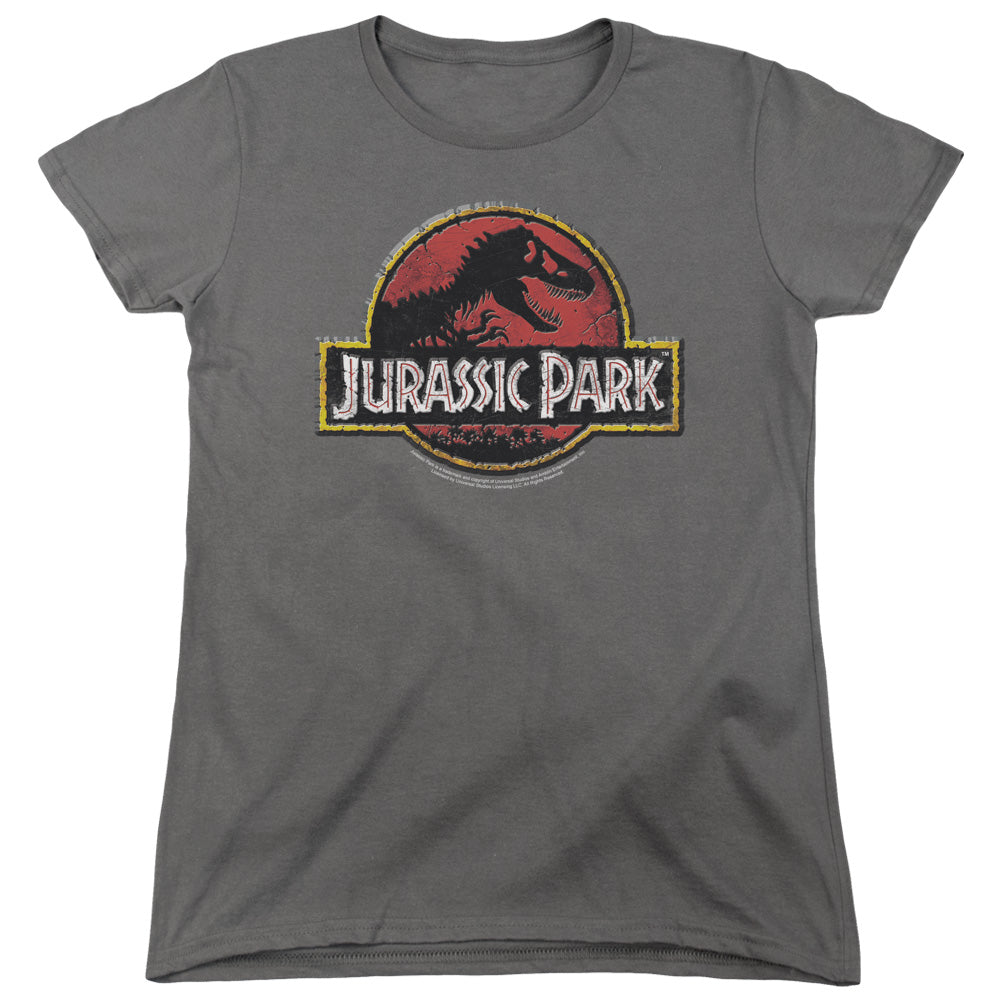 AN OFFCIALLY LICENSED JURASSIC PARK STONE LOGO WOMEN'S REGULAR FIT T-SHIRT CHARCOAL